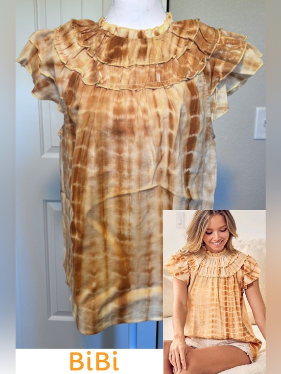 BiBi Tops - BiBi Tie-Dye Ruffled Neck & Sleeve Sz Medium 50% Cotton 50% Linen